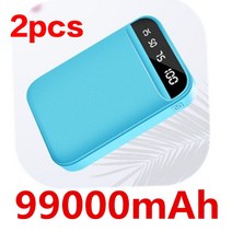 샤오미 삼성 호환 아이폰 호환용 휴대용 외장 배터리 99000mAh 모바일 파워 뱅크 디지털 디스플레이 USB 충전기 2 개 포함, 08 blue-99000mAh-2pcs
