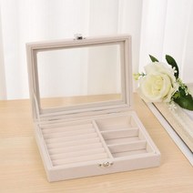 벨벳 그레이 유리 커버 보석 반지 디스플레이 상자 트레이 홀더 보관 상자 정리 귀걸이 반지 팔찌 운반 케이스, Beige-Style01
