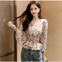 안나리야 꽃무늬 프릴 밴딩 쉬폰 블라우스 SH