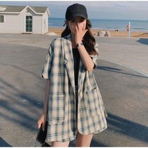 Momolatti 여성용 격자 루즈핏 클래식 반팔 자켓 반바지 정장