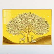 아트블루 풍수에 좋은 그림 황금 나무 금나무 사슴 인테리어 액자, 2번 황금 나무 커플 사슴 가로_[노란]배경