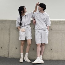 남녀공용 힐링 헨리넥 카라 반팔 맨투맨 셋업 시밀러룩 커플룩(세트할인가)