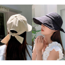 챙넓은 골프 모자 여성 벙거지 버킷햇 리본 골프캡, 화이트