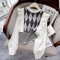 거물급 구매점 새는 것을 줍다 디자인감각 보이핏 볼륨 퀼팅 긴 소매 페블럼라인 페이크투피스 니트 톱 여성