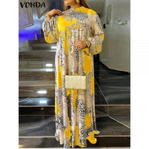 롱원피스 여자 쉬폰 린넨 여름 원피스 VONDA 2022 맥시 드레스 꽃 프린트 파티 랜턴 슬리브 Sundress 보헤미안 스탠드 칼라 비치 Vestido Robe