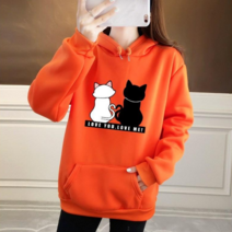 스타일아유 여성 기모 후드 LOVE 고양이 프린트 레터링 오버핏 긴팔티 티셔츠 루즈핏 맨투맨 후드티 AYB0TS0513