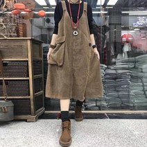 투비전스토어 멜빵청바지 코듀로이 서스펜더 스커트 여성용 중간 길이 대각선 예술적 복고풍 슬리밍 드레스 가을 겨울