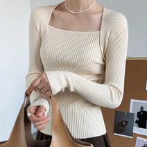 아이엠몽 여성 슬림핏 스퀘어넥 니트 골지 워머 티셔츠 데일리 쉐리