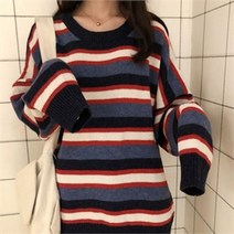 드레스날다 소확행 오버핏 배색 단가라 라운드 니트 mknit1065