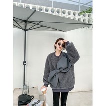 WZC 여성 뽀글이 양털 맨투맨 빅리본 라운드 오버핏 풀오버 티셔츠 상의 빅사이즈 봄가을
