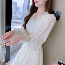 여성 작은키 긴팔 쉬폰 플라원 원피스 살구색WHC23020623