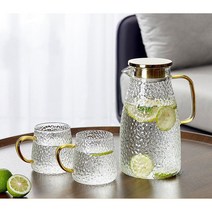 LEYDUN 대용량 스텐 뚜껑 내열유리 물병 2000ml, 아이스팟 2100ml+컵 400ml*2개