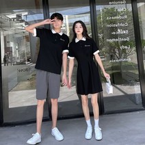 단가라 원피스 커플룩 블랙 남녀 여름 슬림 반팔티 캐주얼 휴가패션 바캉스