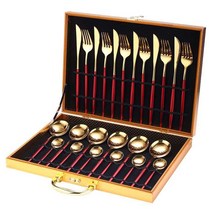 캠핑수저 스테인리스 스틸 식기 골드 나이프 포크 럭셔리 커트레이 선물 주방용 24 개, 25.red gold Add box