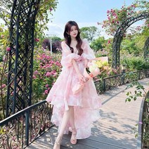 동남아원피스 발리 원피스 다낭 하와이 해외여행룩 동남아 여름옷 해외여행여름옷 여행룩 프랑스 법원 스타일 달콤한 여성 롱 드레스 쉬폰 퍼프 슬리브 꽃 기질 요정 봄/여름