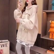 수술 순면 후드 기모 코트 여 추동 오버사이즈 나른 살구 후드 도톰 탑
