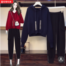 줄리엣이뽀 빅사이즈 후드 니트티셔츠 블링블링 반짝이끈 간지나는 허리밴딩 조커팬츠 2개 세트룩 3328