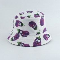 부니햇 정글모 가지 토마토 오이 후추 프린트 어부 모자 태양 야외 캐주얼 양면 버킷, 02 eggplant white