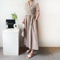 미즈큐즈 / 고방 체크 지지미 반팔 롱 랩 원피스 여름 빅사이즈