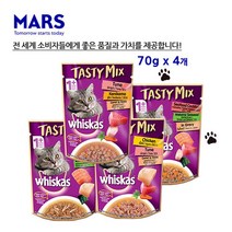 위스카스 테이스티믹스 70g 고양이 주식 파우치, 닭고기 연어와 미역 70g x 4개