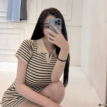 스트라이프 여성 니트 반팔 카라 미니 원피스 단가라 피케티셔츠 원피스
