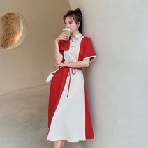 긴팔 정장 봄 하객 봄 린넨 쉬폰 원피스 추천 레트로 스타일 컬러 매칭 드레스 여성용 중간 길이 스트리트
