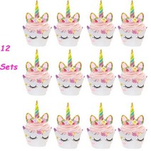 WEIGAO 유니콘 장식 생일 파티 장식 유니콘 일회용 식기 세트 베이비 샤워 소녀 생일 파티 용품, 12set Cake Wrapper
