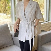 옷자락 [옷자락] 여자 V넥 카라 랩 블라우스 스트랩 투버튼 린넨 자켓