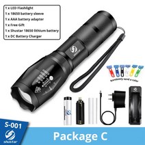 야외 캠핑 원터치 텐트 Shustar led 손전등 울트라 브라이트 토치 l2v6 캠핑, 패키지 c, 협력사, l2-중간 밝기
