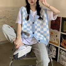 하늘색니트 Deeptown 한국어 스타일 바둑판 니트 스웨터 조끼 여성 v-목 대형 격자 무늬 Preppy 패션 민소매 자켓