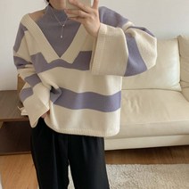 독특한 스타일 스웨터 여성 대조 색상 디자인 오프숄더 모양 얇은 풀오버 니트 원사이즈