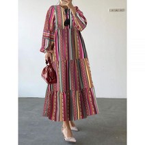 여름 원피스 하객 여성 룩 ZANZEA 티어드 맥시 드레스 캐주얼 루즈 홀리데이 퍼프 슬리브 태슬 롱 가운 기하학 프린트 보헤미안 라운드넥 베스티도