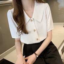 여성 봄 여름 브이넥 반팔 빅카라 루즈핏 셔츠 쉬폰 블라우스