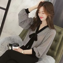 urkoteer 얇은 블라우스 여성 루즈핏 날씬해 보이는 리본장식 무드탑 YL-94