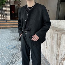 남자 트위드자켓 노카라 라운드 외투 블랙 봄 하객 남친룩 데이트룩 코디