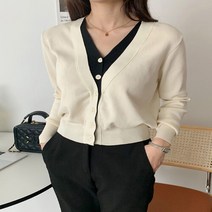 코지 여자 워커홀릭 레이어드 이중배색 크롭 가디건