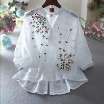 프릴 레이스 블라우스 러플 여성 코튼 셔츠 자수 플라워 브이넥 하프 소매