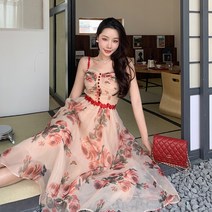 프랑스 복고풍 꽃 무늬 멜빵 드레스 여성 2022 여름 홍차 장미 쉬폰 드레스