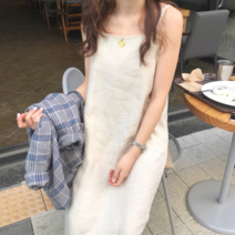 여성 여름 롱 박시 원피스 한국의단색 면 린넨 끈나시 원피스 여성 여름 롱 스커트 루즈핏 슬림 무릎블루 체크