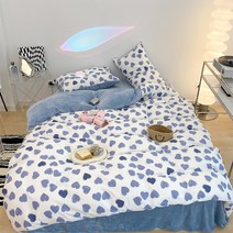 구미식 전원흑백 잔꽃 면 기모 4종 세트 A 면 면 쭈리 B 면 밀크 이불 커버 침대 시트, 블루 하트