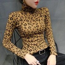 뉴욕멋쟁이 후아 레오파드 목폴라 티셔츠[기모안감] 기모티셔츠 호피무늬 여성티셔츠 겨울티셔츠