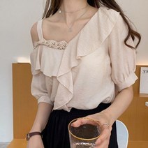 가바바 여성 블라우스 언발 오프숄더 프릴 레이스 데일리 여름 블라우스 G37855