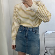 뜨개진 여성용 루즈핏 스트라이프 크롭 브이 스팰러 브이넥 니트