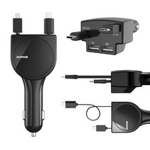 아이코모스 듀얼 릴타입 차량용충전기 고속 퀵차지 3.0 C타입+5핀+8핀 USB포트(2개) 4개 동시충전, 블랙