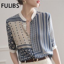FULIBS 여성 디자인 맞춤형 시폰 실크 같은 셔츠 여성 여름 중반 소매 스탠드 칼라 레트로 격자 무늬 스트라이프 셔츠 탑