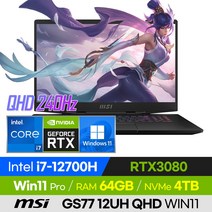 [사은품 증정!] MSI 스텔스 GS77 12UH QHD WIN11 고사양 12세대 롤 오버워치 배그 로아 17인치 게이밍 노트북 (코어i7-12700H/RTX3080), 윈도우 포함, 64GB, 4TB, 코어i7, 블랙