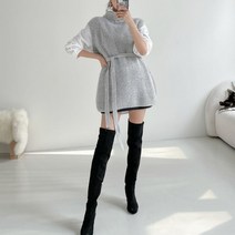 목폴라 니트 조끼 벨트 미니 원피스
