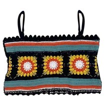 여자 비치 중공 아웃 크로 셰 뜨개질 스파게티 스트랩 작물 탑 보호 자수 플로럴 멀티 컬러 스트라이프 카미솔 가리비 트림 슬림 미니 스웨터 조끼 비치웨어, 검은색