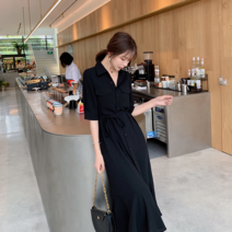 프랑스 셔츠 블랙 드레스 여성 여름 2023 새로운 허리 슬리밍 헵번 스타일 쉬폰 롱 스커트 리틀 블랙 드레스