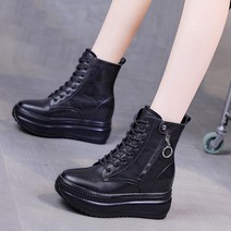도오빠 끄모슈 여성 가죽 워커 레이스업 키높이 통굽 앵클 부츠 미들 하이탑 발편한 신발 여자워커